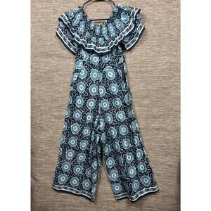 Kopal Jumpsuit Womens XS Blue Geometric Ruffle Off Shoulder Wide Leg Boho Casual